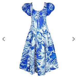 NWT Jessie Zhao Blue Printmaking Scoop Neck Cotton Midi Dress
